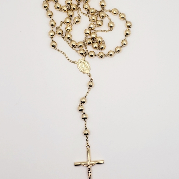 14K Solid Gold 6mm Bead Ball Rosary Necklace 26" Guadalupe Rosario Collar Oro - Picture 6 of 16